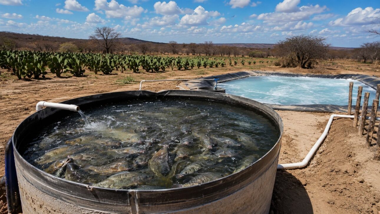 The tank with the salty waste from desalination supplies the community's fish farming.