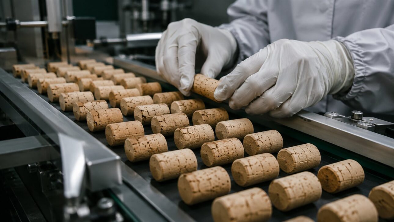 Rolhas de cortiça sendo produzidas e selecionadas numa fábrica