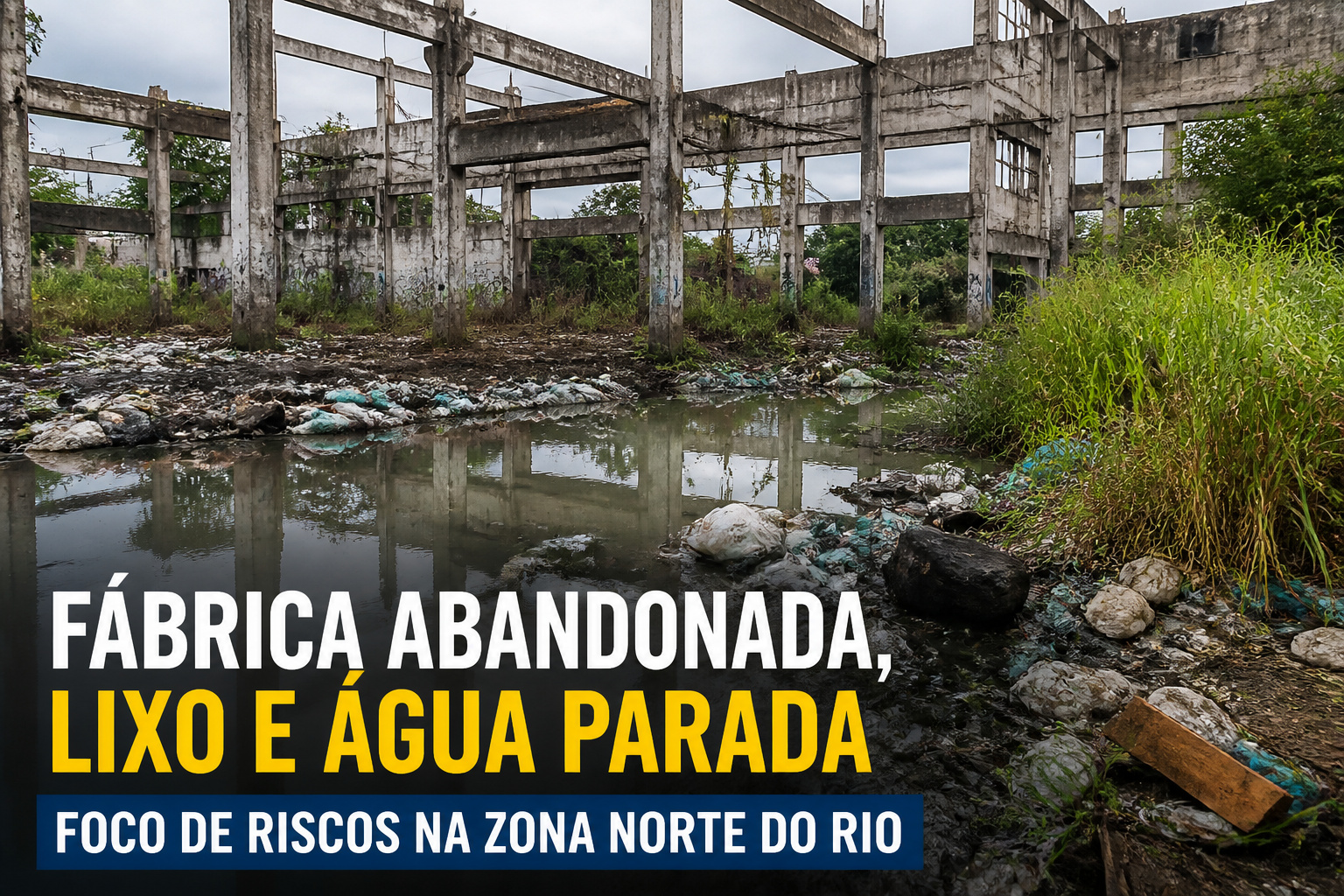 Imagem editorial sobre Antiga fábrica Vulcan vira escombro na Zona Norte do Rio, acumula água parada e lixo e expõe abandono de uma área industrial que ainda de