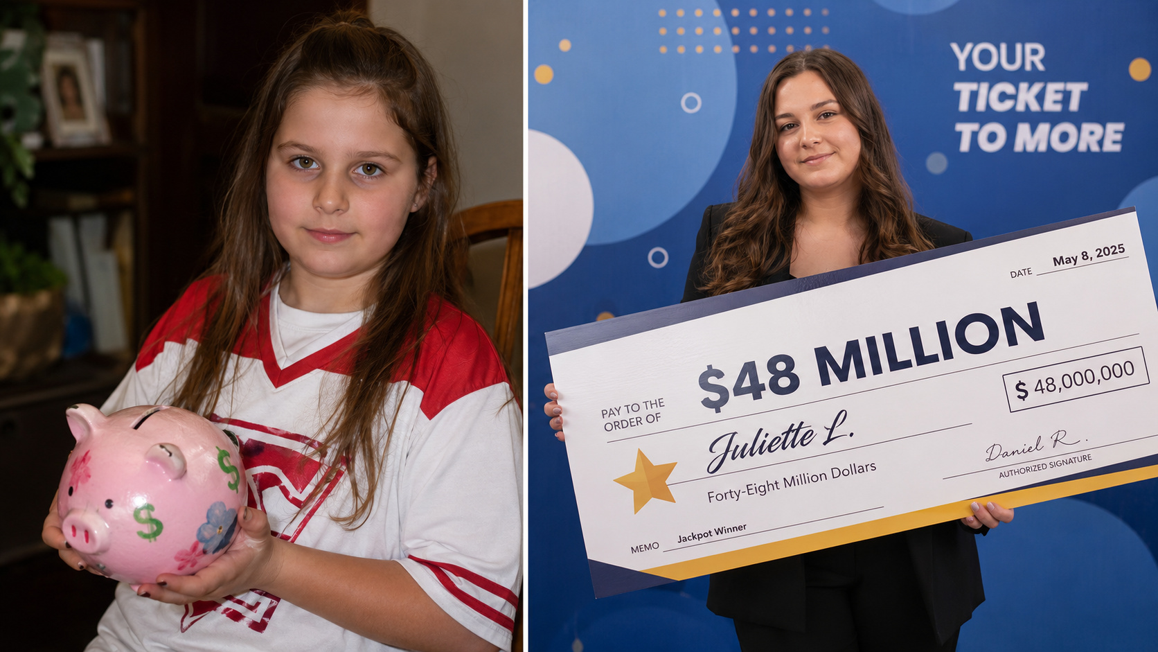 Montagem mostra Juliette Lamour quando criança com um cofrinho e, anos depois, segurando cheque de 48 milhões de dólares.