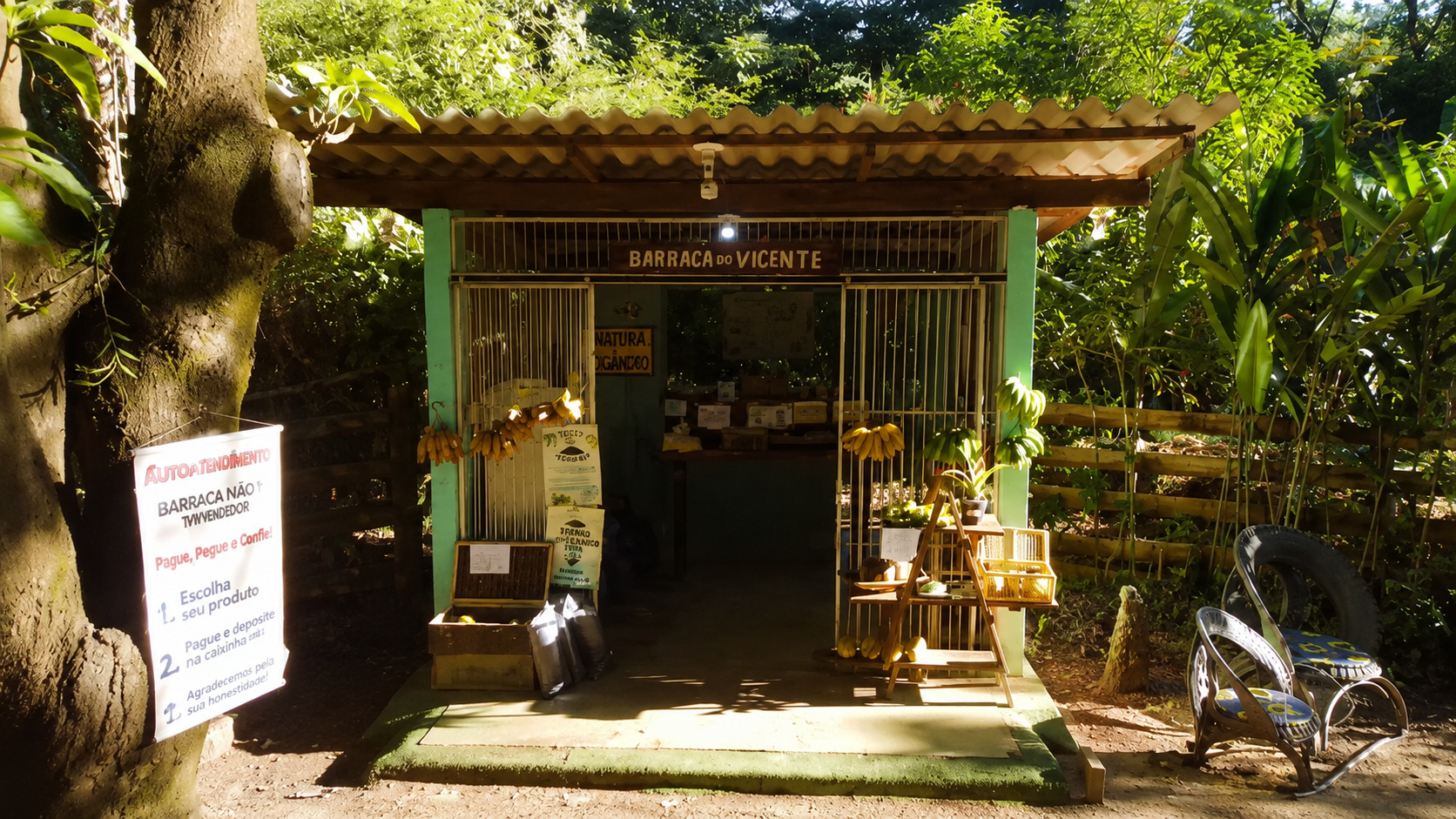 Barraca de autoatendimento no interior de Minas Gerais cercada por vegetação, onde clientes escolhem produtos e realizam o pagamento sem a presença de vendedores.