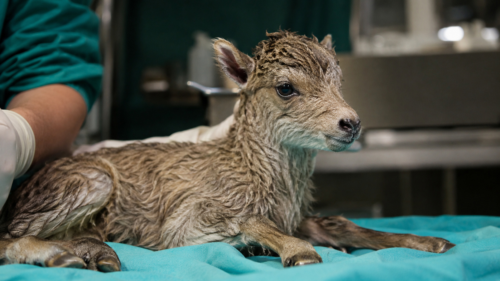 Filhote de cabra recém-nascido em ambiente veterinário, representando o clone do bucardo criado em laboratório.