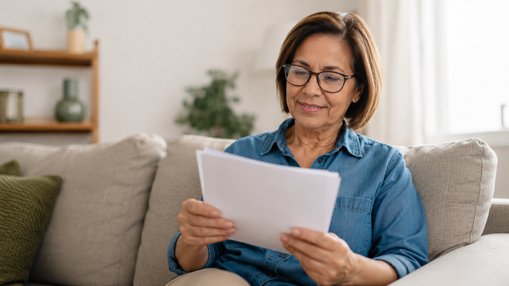 Mulher aposentada analisa documentos relacionados ao INSS em casa, representando a proposta de aumento de até 15% nas aposentadorias e pensões para mulheres com filhos.