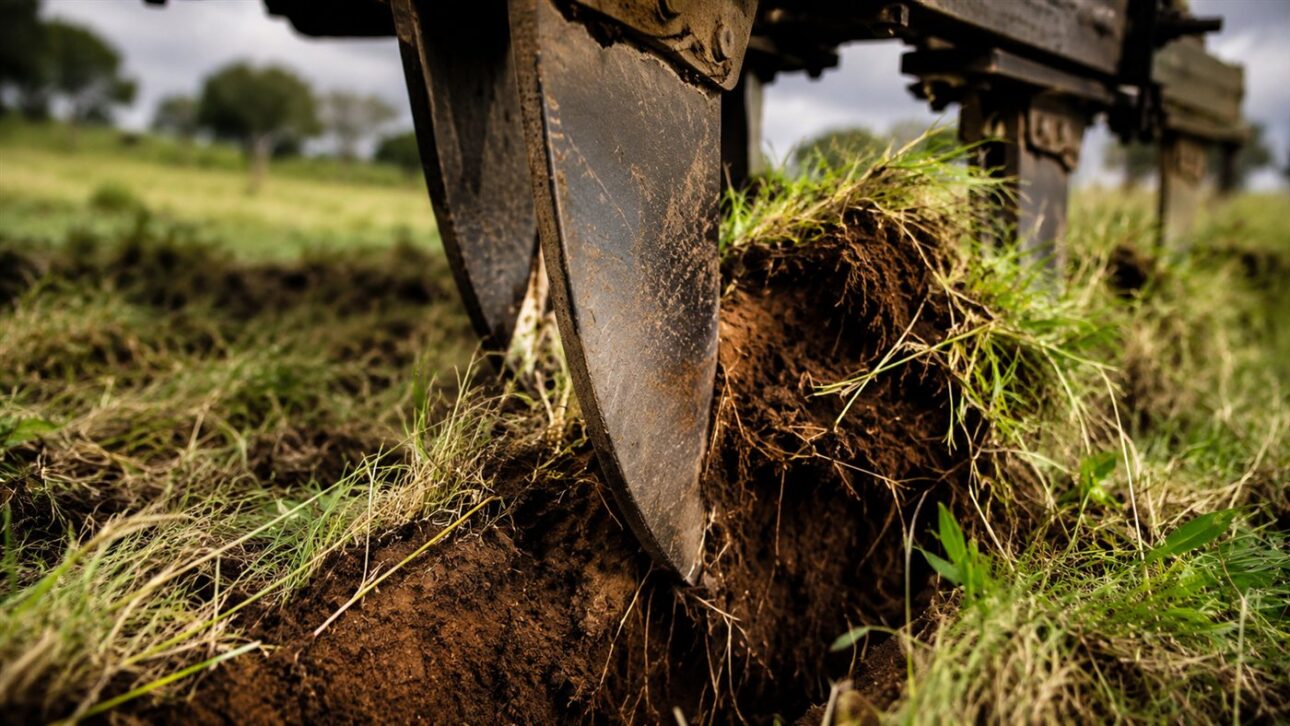 The subsoiler shank of the plow cuts the pasture and lifts the soil without overturning the layers.