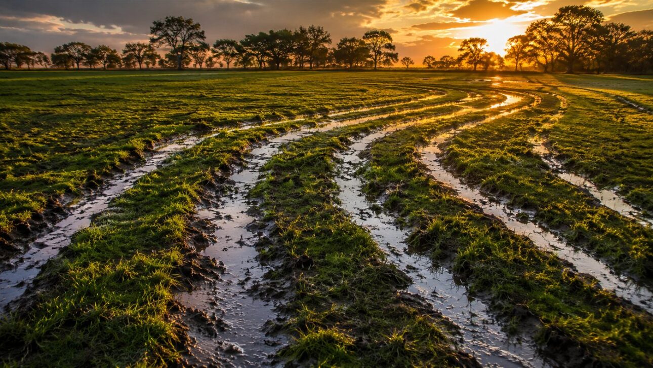The parallel furrows of the plow hold rainwater at the top of the pasture.