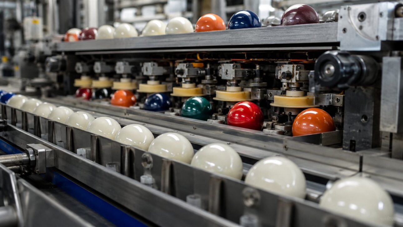 Billiard balls being polished and inspected in a factory