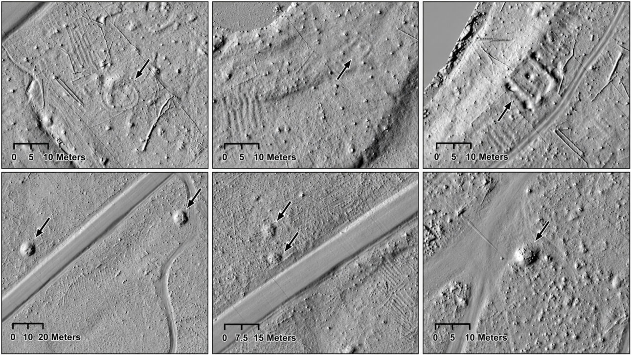 LiDAR data also revealed, from left to right, a dance circle; the foundation of a historical building; a 19th-century logging camp; looted burial mounds; traces of burial mounds of unknown origin; and a burial mound. (LiDAR images by Carolin Ferwerda and Jesse Casana.)