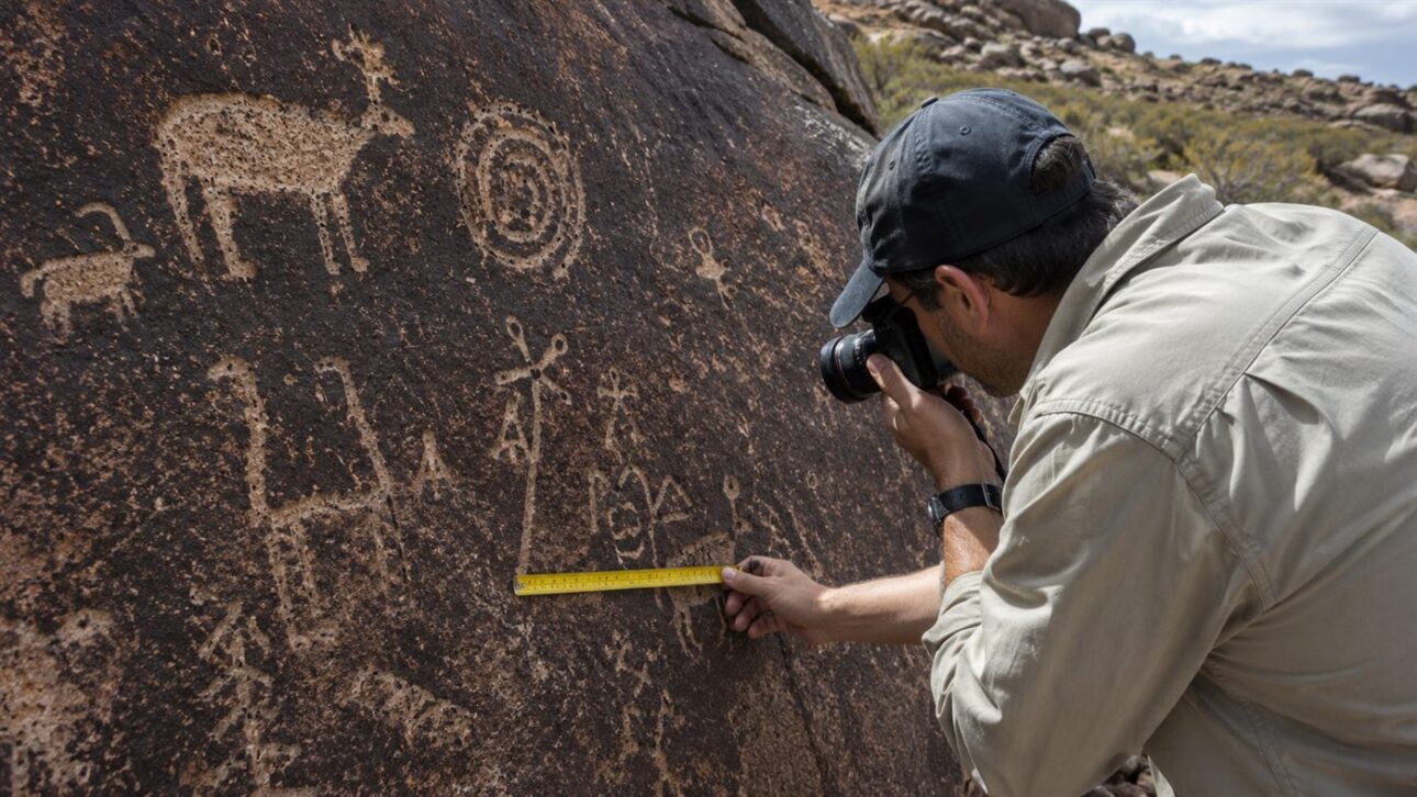 INAH specialists document the engravings for study and preservation.