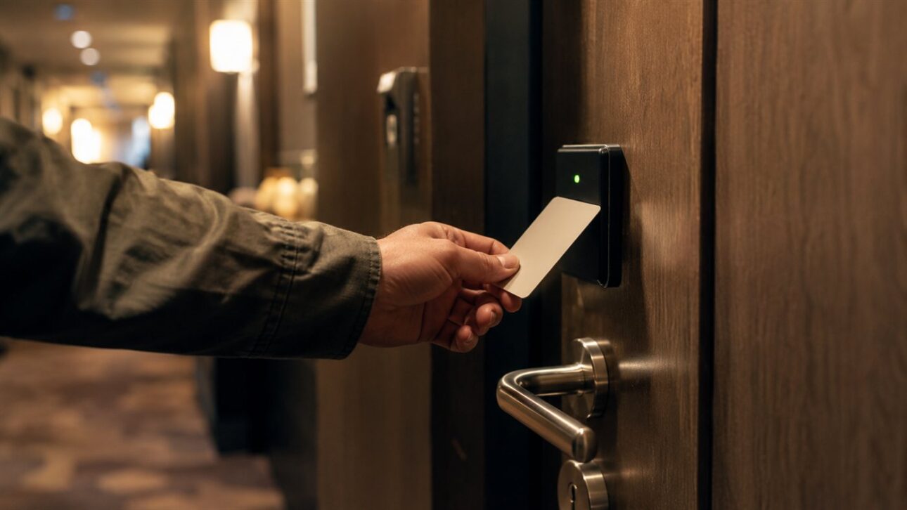 Hóspede abrindo a porta do quarto de hotel com cartão de acesso