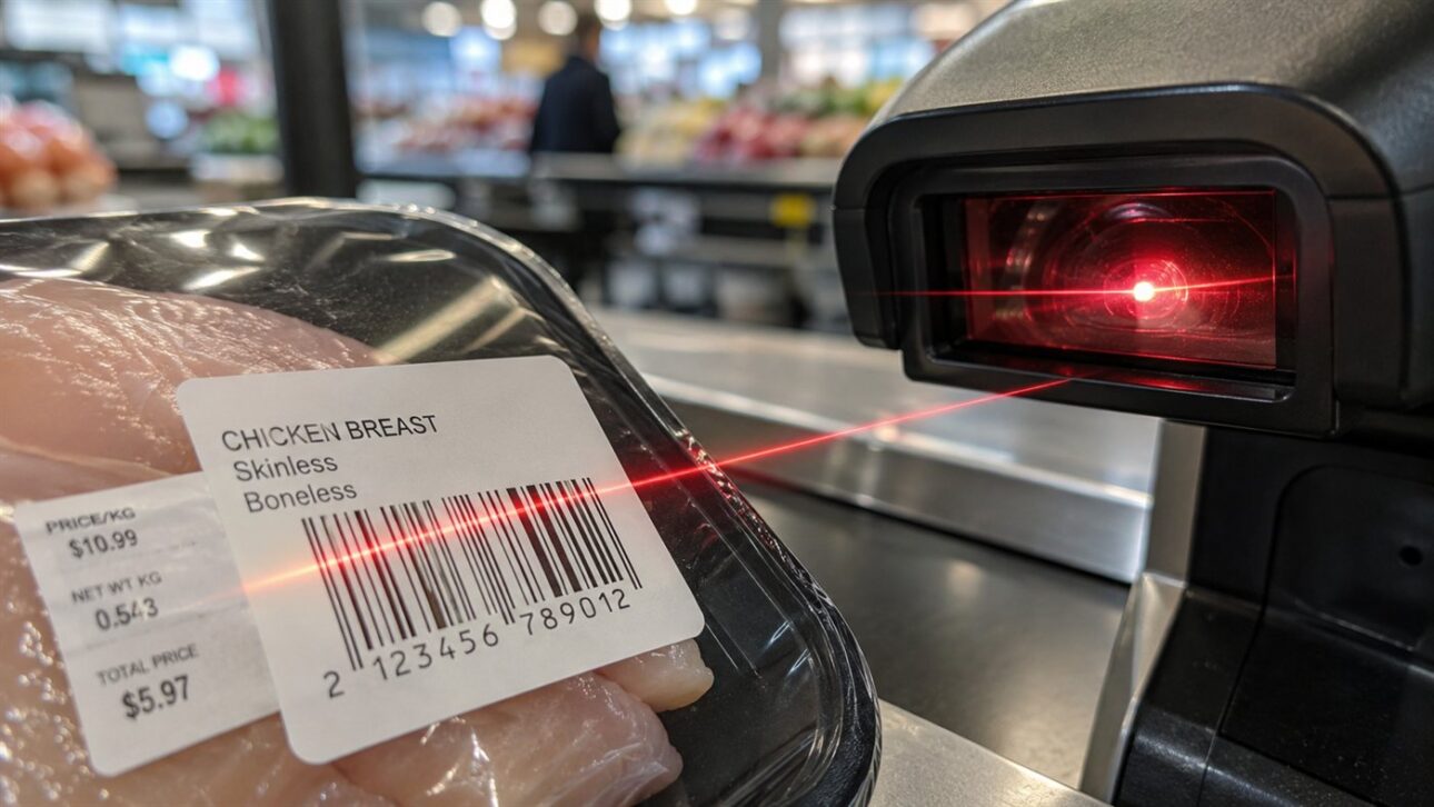 Etiqueta com código de barras sendo lida num caixa de supermercado