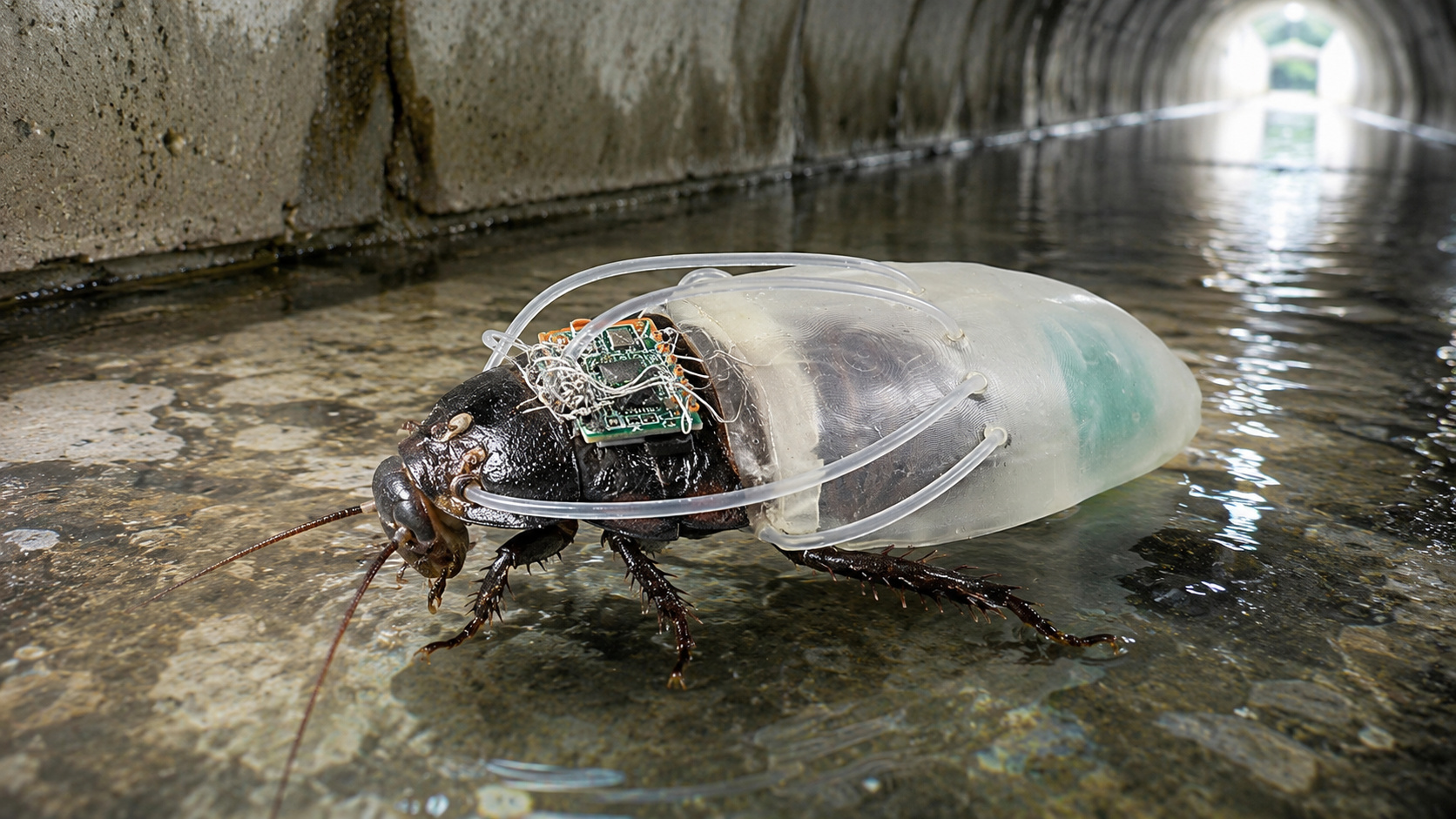 Barata ciborgue usando traje de mergulho experimental durante teste subaquático para futuras missões de busca e salvamento.