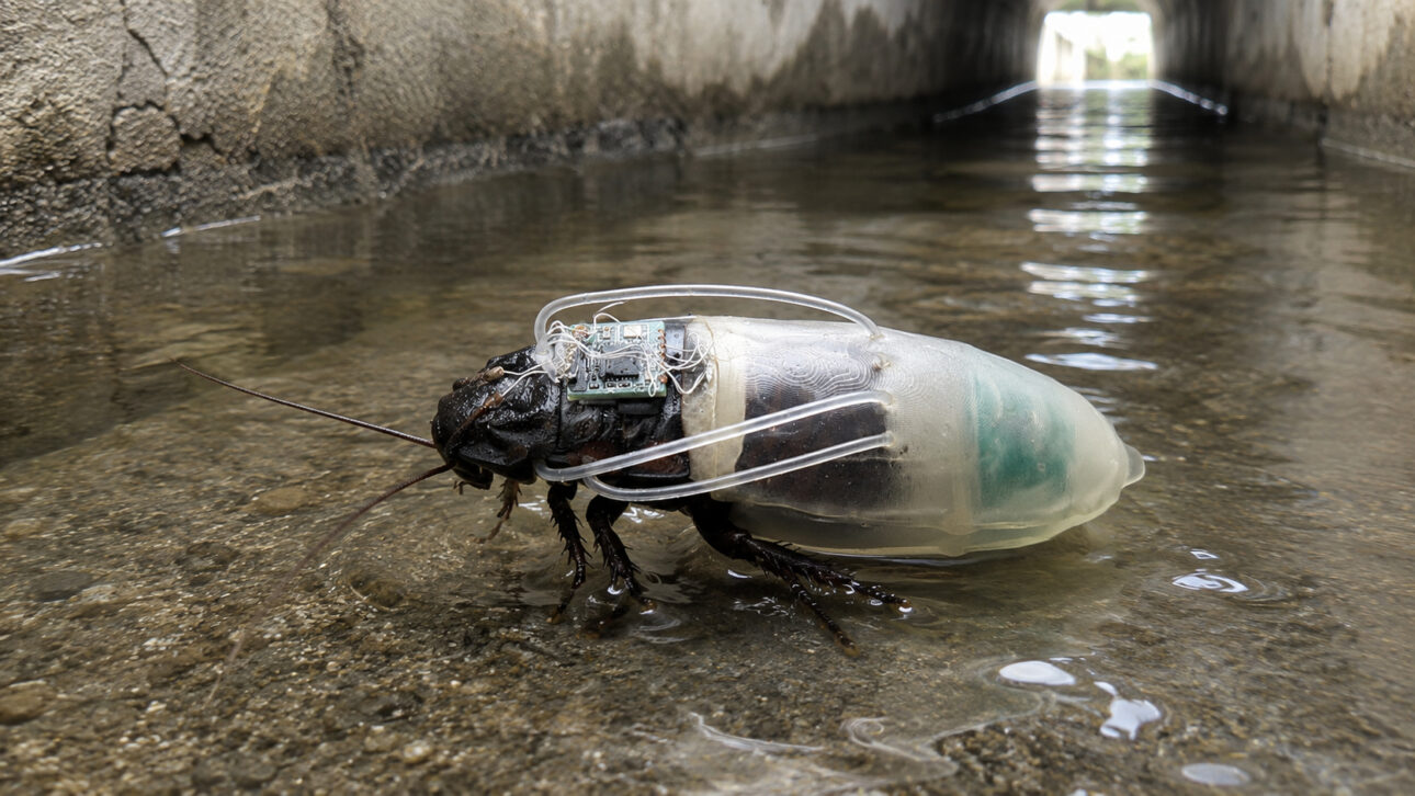 Barata ciborgue usando traje de mergulho experimental durante teste subaquático para futuras missões de busca e salvamento.