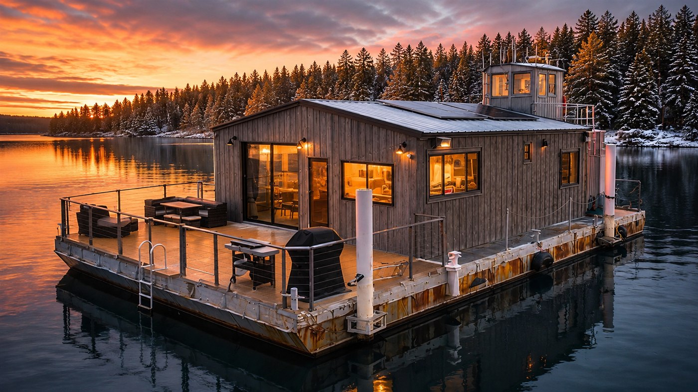 Casal torna off-grid uma barcaça da Marinha virada casa flutuante e monta filtragem de água que puxa a água do lago com 3 filtros e luz ultravioleta