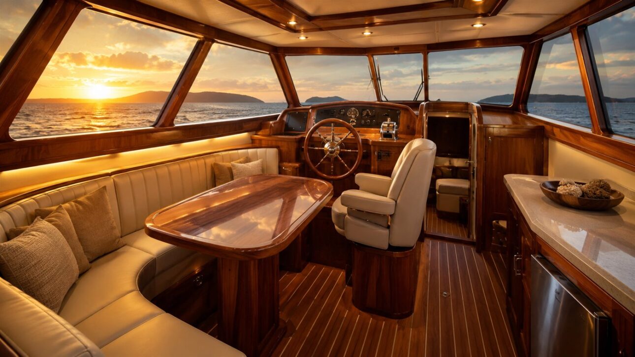 O interior do barco recebe o acabamento claro e os detalhes que escondem a origem do casco.