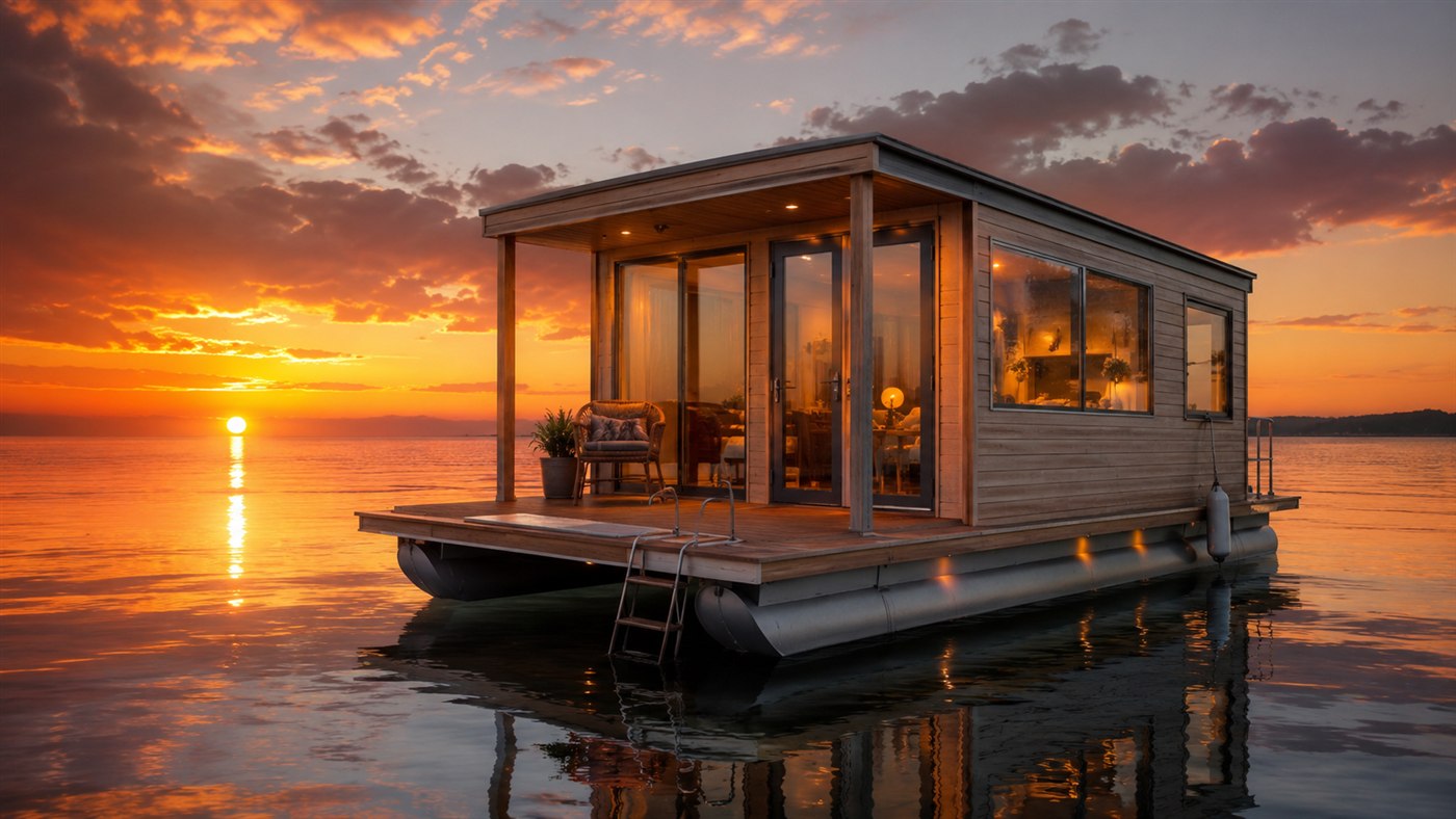 Dupla compra pontoon afundado por US$ 4 mil e passa 14 meses transformando o barco num tiny home flutuante com 600 W solar; veja o lançamento no mar
