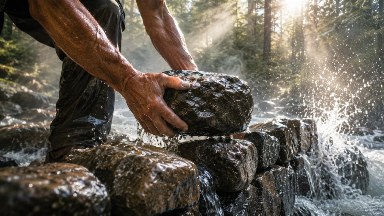 Man stacks massive stones in the creek bed to form the base of the artisanal dam.
