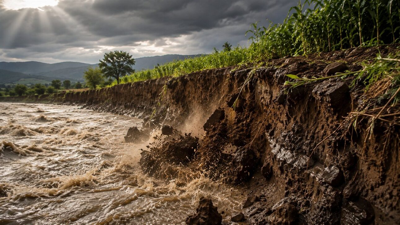 O arroio avança sobre a margem sem vegetação, levando a terra da lavoura.