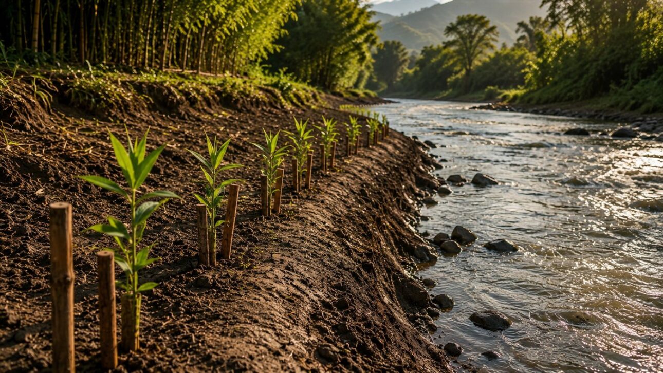 As mudas de bambu protegidas por estacas seguem a curva da margem do arroio.