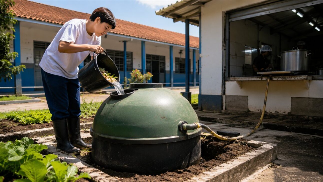The biodigester installed in the school yard transforms kitchen scraps into gas.