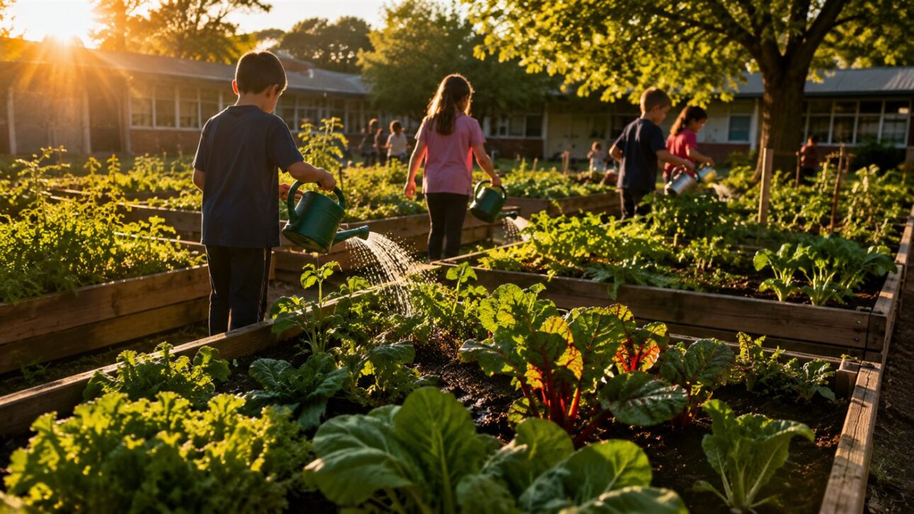 The children follow the school garden fertilized with the biodigester's fertilizer.