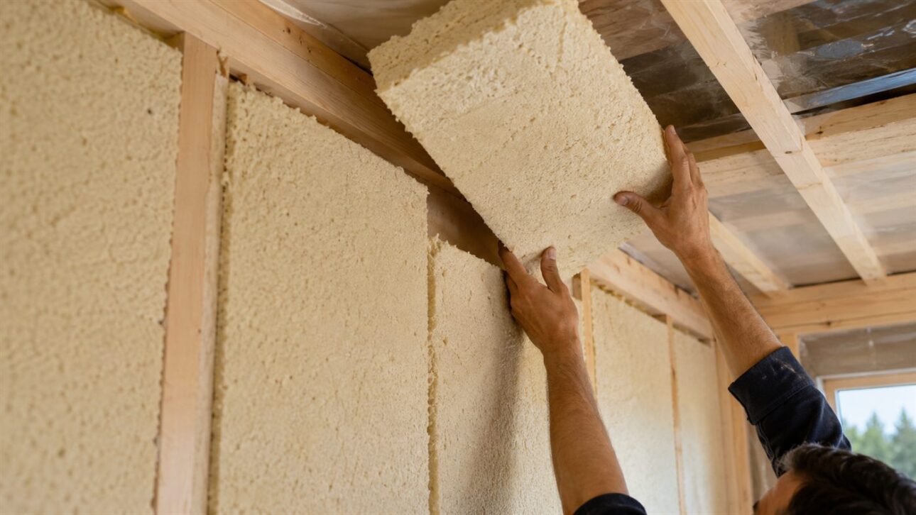 Placas del aislante natural aplicadas en techo y pared para confort térmico