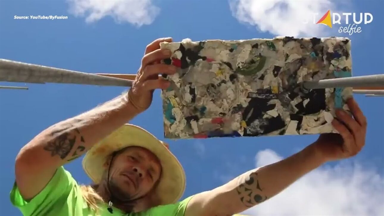 The pressed plastic ByBlock raised against the sky in ByFusion's material. Photo: Reproduction/YouTube Startup Selfie.