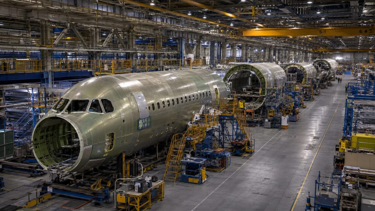 Airplane fuselage assembly line, the type of operation that Boeing decided to bring back in-house.