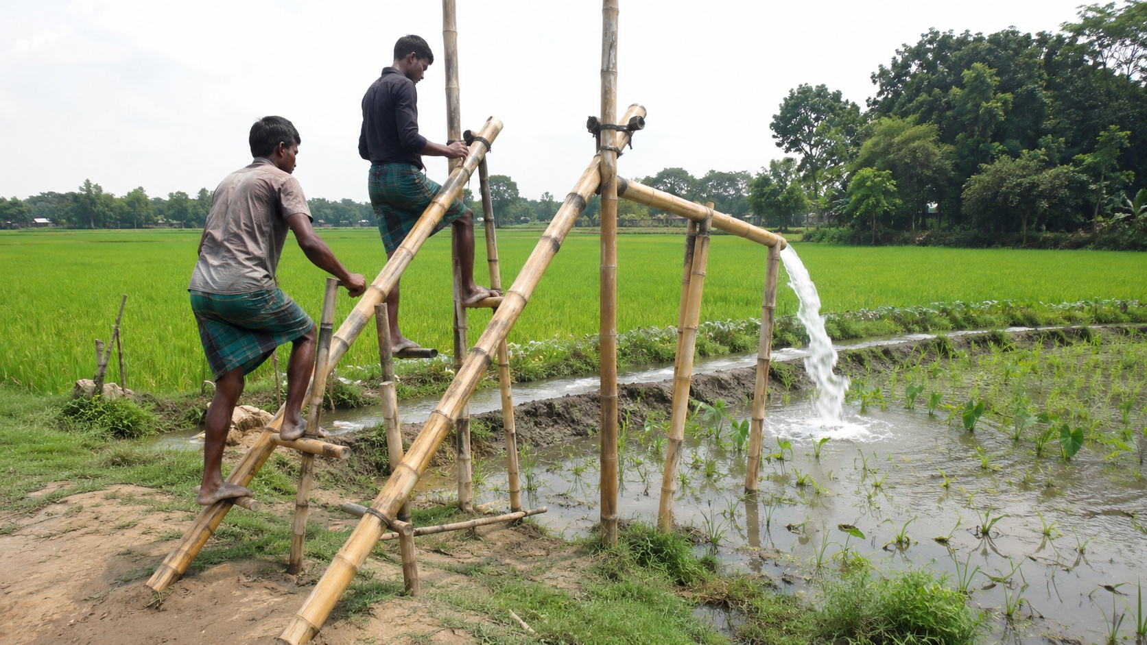 Agricultores de Bangladesh usam duas alavancas de bambu, pisam como se estivessem subindo uma escada e bombeiam até milhares de litros de água por dia sem motor, diesel ou eletricidade