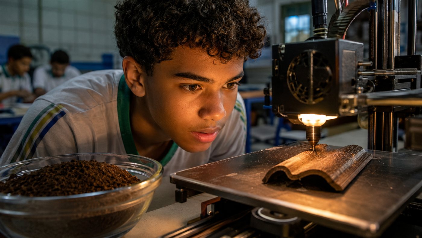 Impressão 3D com borra de café: estudantes de Nova Venécia (ES) criaram bioplástico que vira telha e tubete e disputou a FEBRACE 2025 na USP