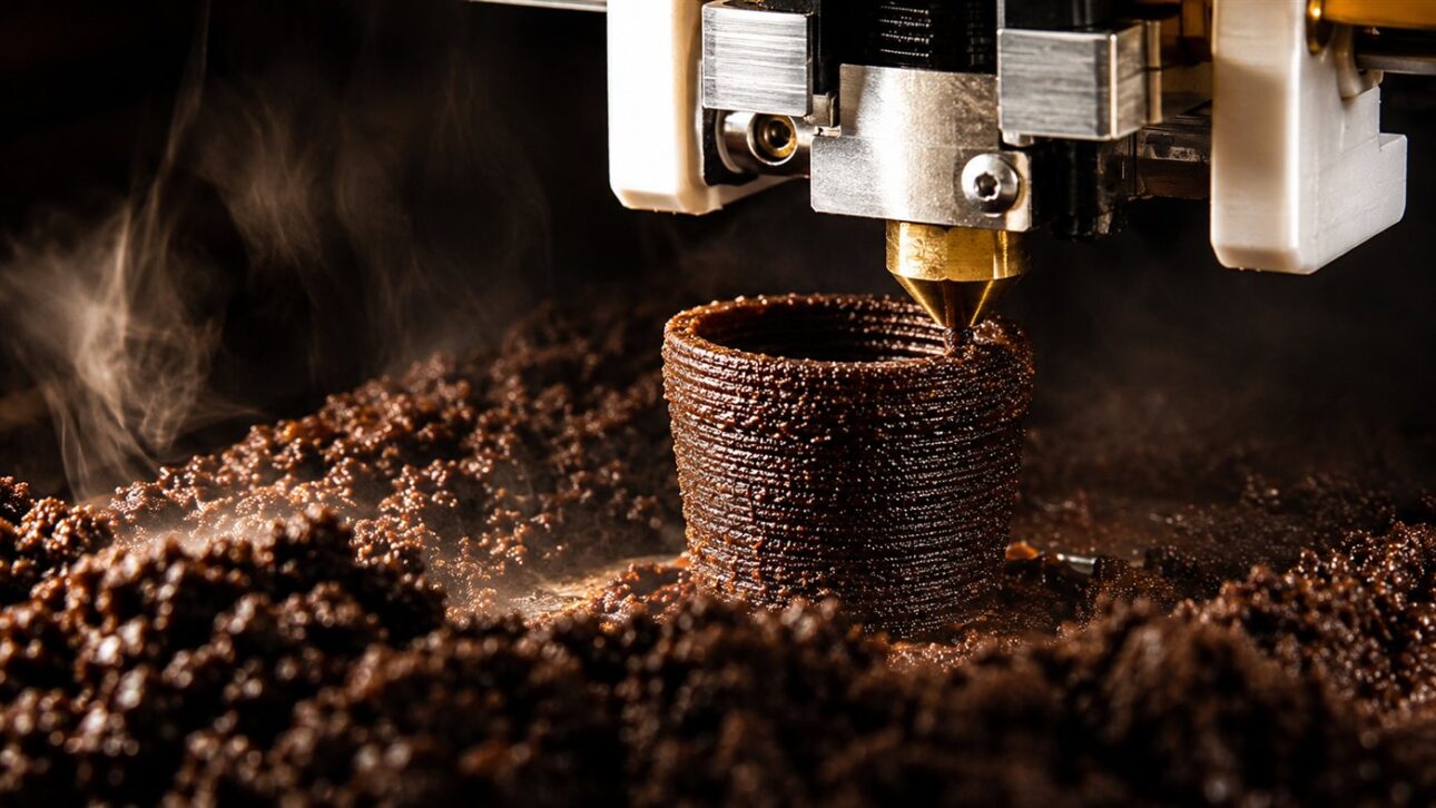 Impressora 3D em funcionamento com material escuro à base de borra de café, no lugar do filamento plástico tradicional.