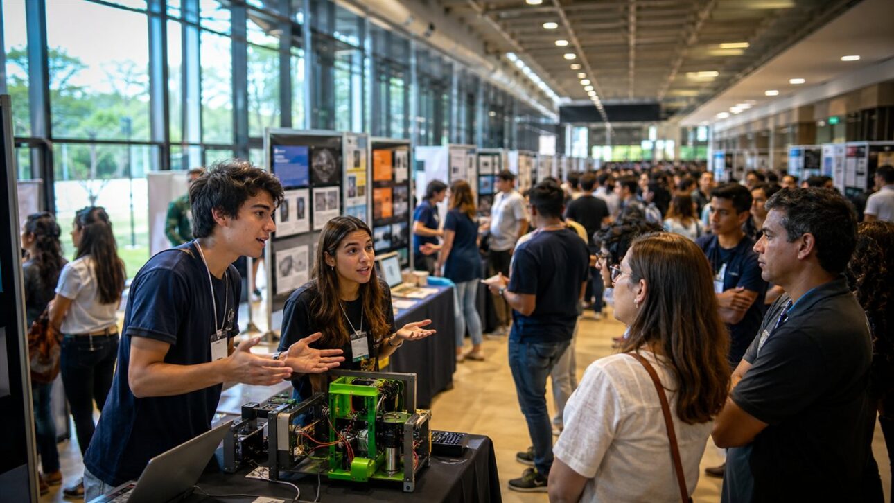 Estudantes apresentam projetos em estandes de feira científica em pavilhão universitário movimentado.