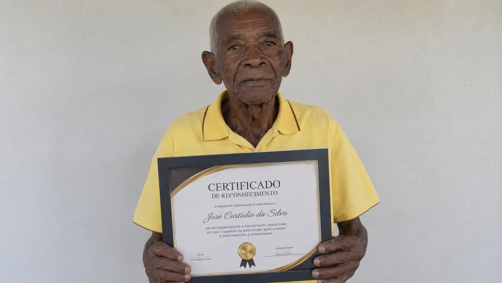 Idoso brasileiro de 118 anos segura certificado de reconhecimento por sua longevidade em Minas Gerais.