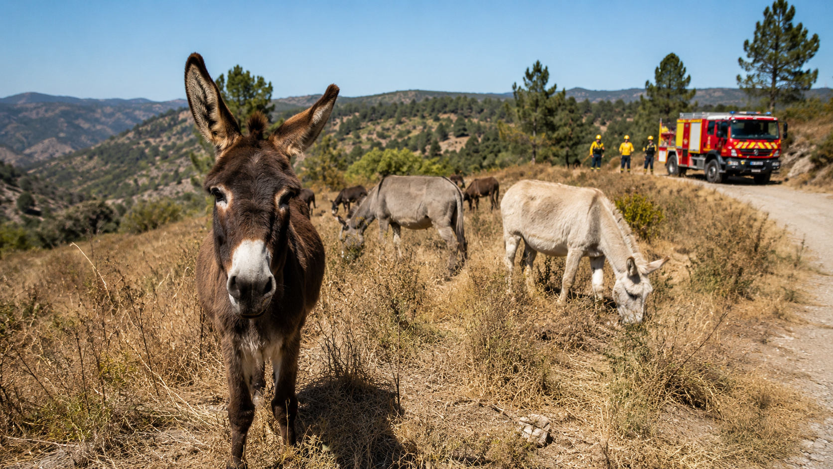 Burros resgatados ajudam a prevenir incêndios florestais na Espanha consumindo vegetação seca e criando barreiras naturais contra o fogo.