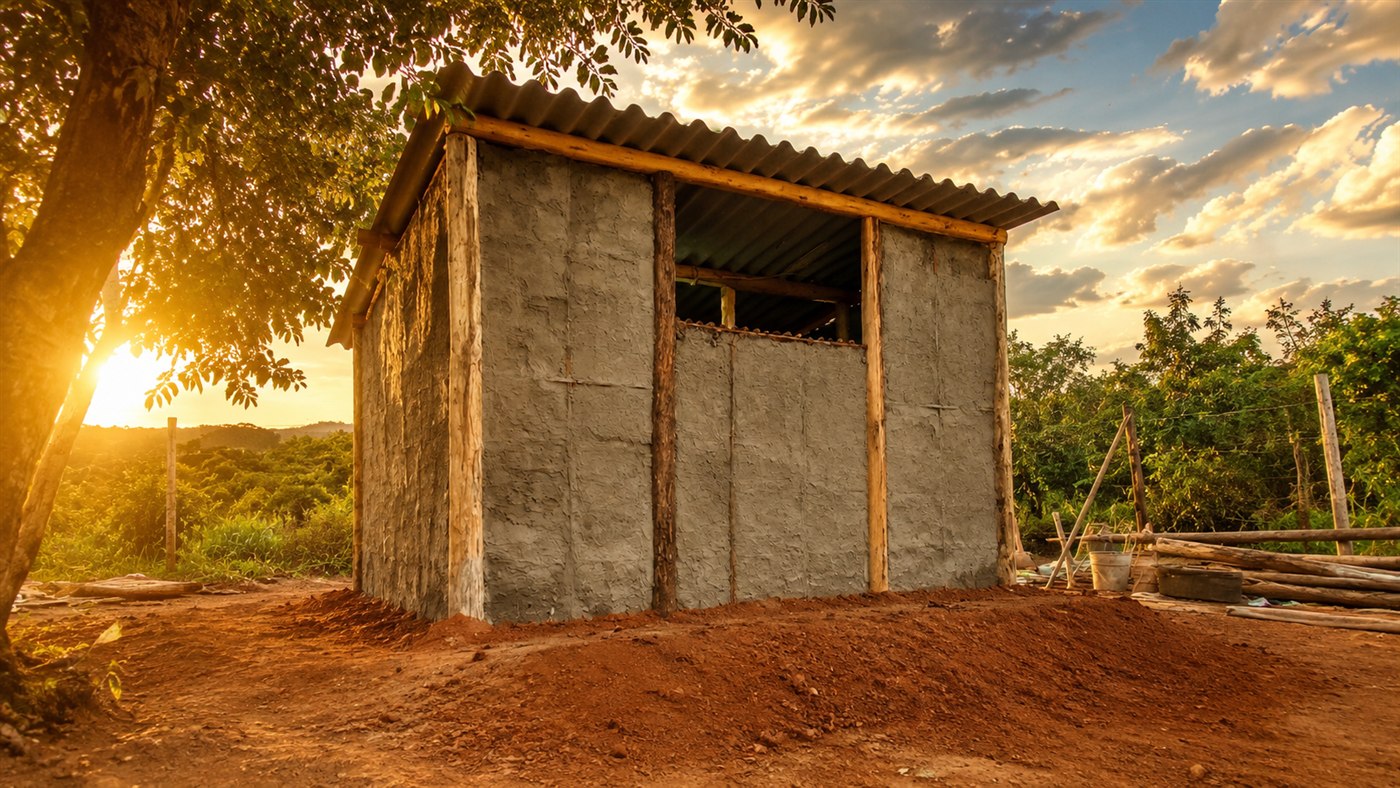 Casal brasileiro constrói uma cabana de cimento e sombrite em 7 dias para sair do aluguel, trocando a malha de aço pela tela de sombreamento barata; veja