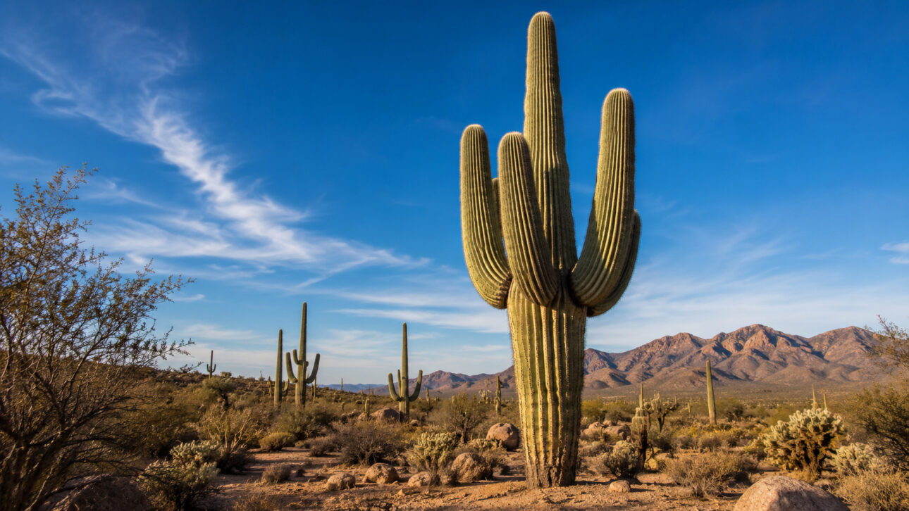 Com mais de 2 toneladas, até 15 metros de altura e vida que pode passar de 200 anos, o saguaro armazena água no próprio corpo