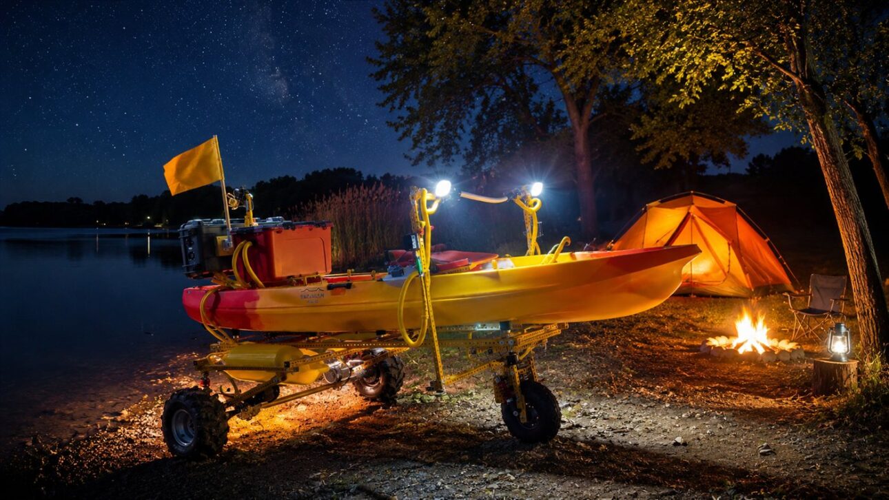El manillar con aceleradores de pulgar comanda el vehículo iluminado por la noche en la orilla del lago.