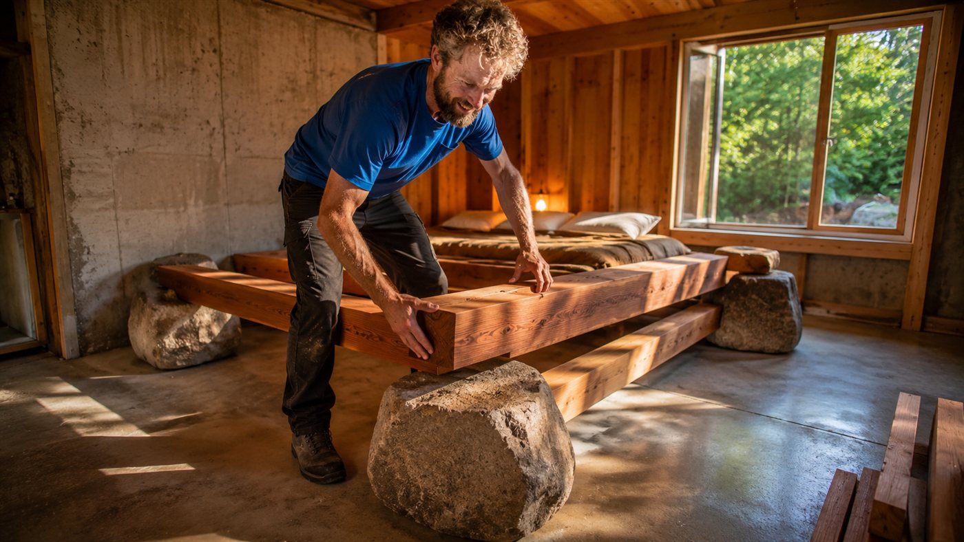 Homem constrói cama de pedra com rochas de granito e vigas de cedro serradas em casa; veja o encaixe milimétrico que soma 437 mil visualizações