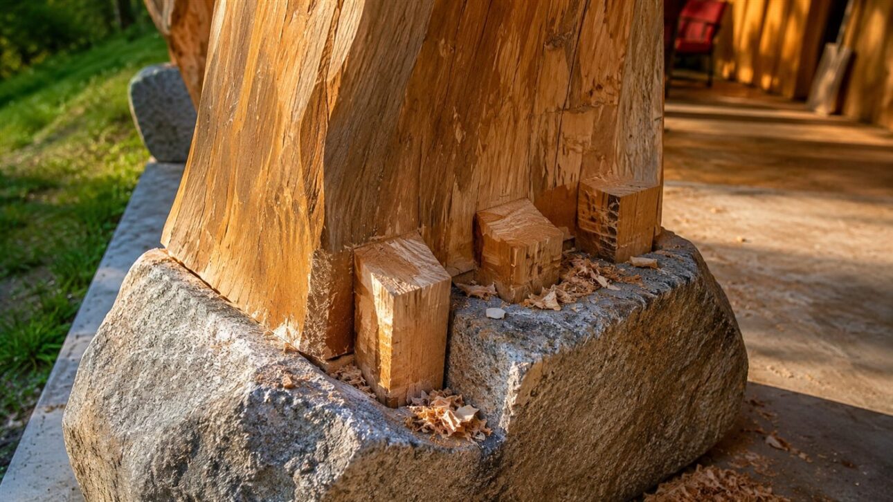 Las vigas de cedro con los grabados artesanales se encajan en las rocas del cuarto.