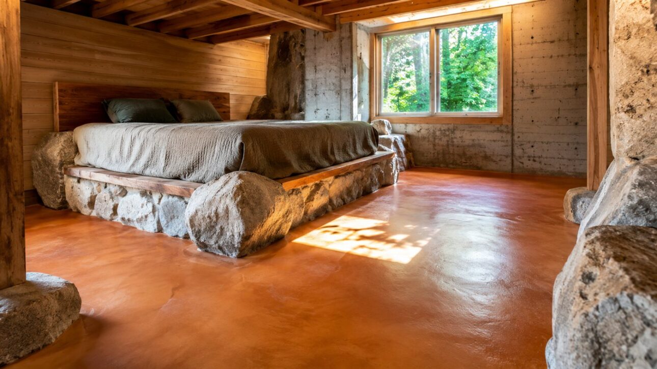 El suelo de concreto recién teñido de terracota contrasta con las rocas de la cama.