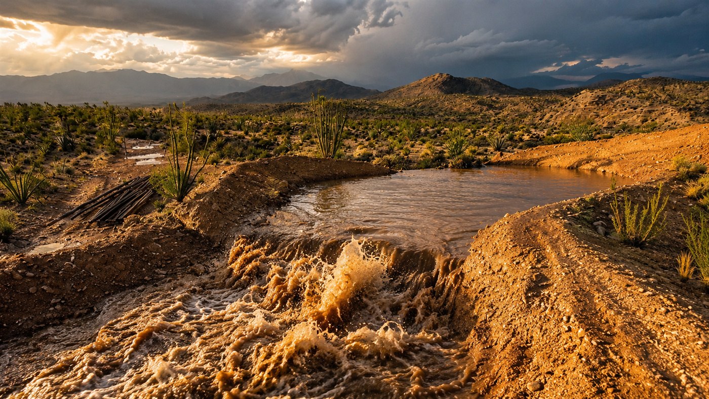 Homem capta 15 mil galões de água da chuva numa enxurrada e transforma deserto em floresta com diques e barraginhas; veja as estruturas