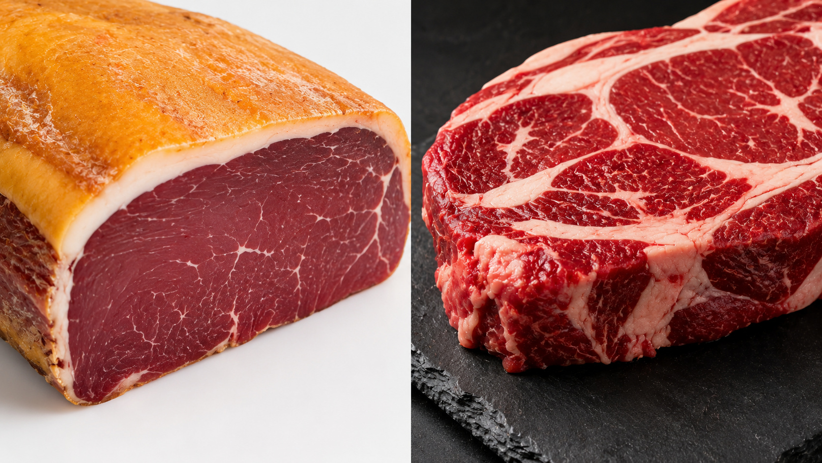 Cortes de carne bovina crua com gordura branca e gordura amarela lado a lado sobre balcão de açougue
