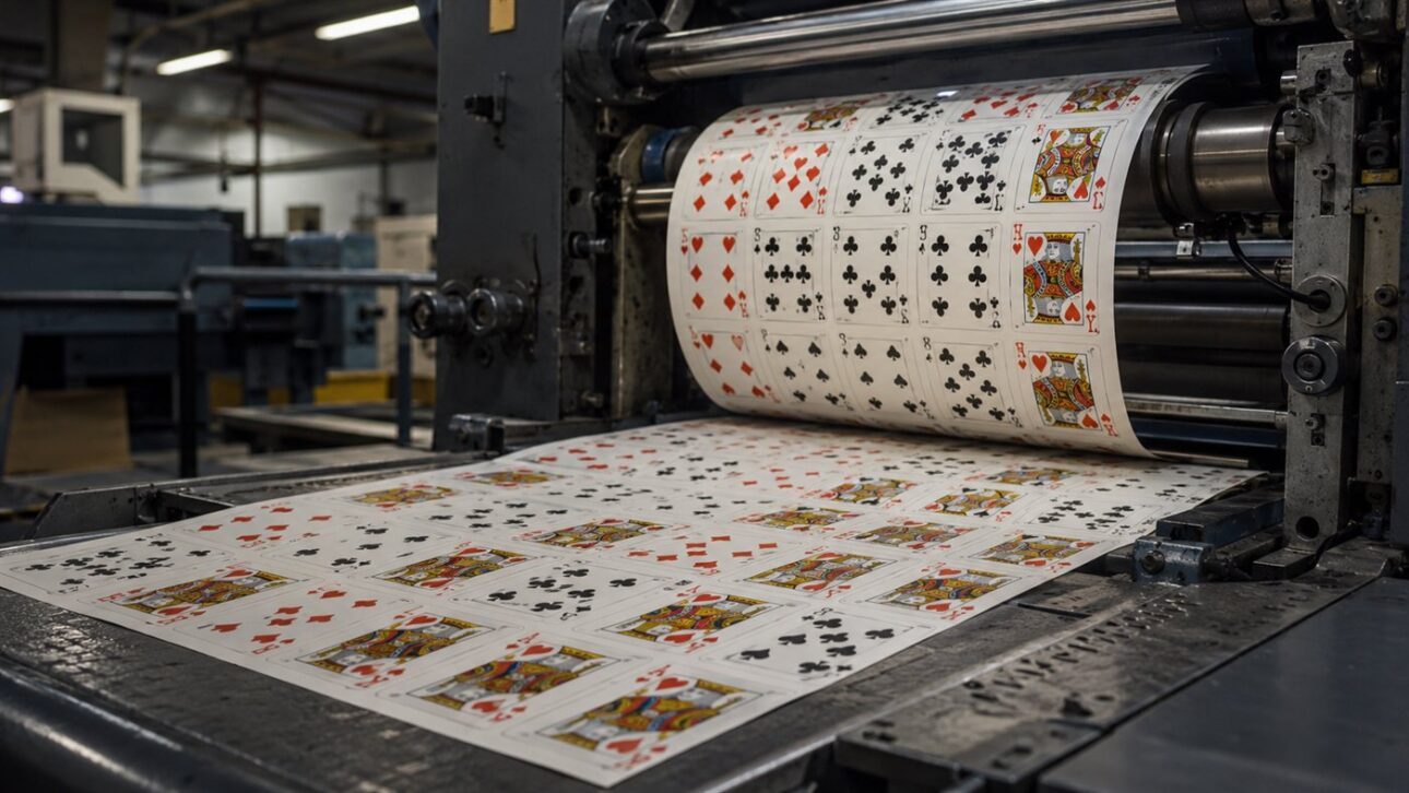 Folhas de cartas de baralho saindo de uma impressora gráfica industrial