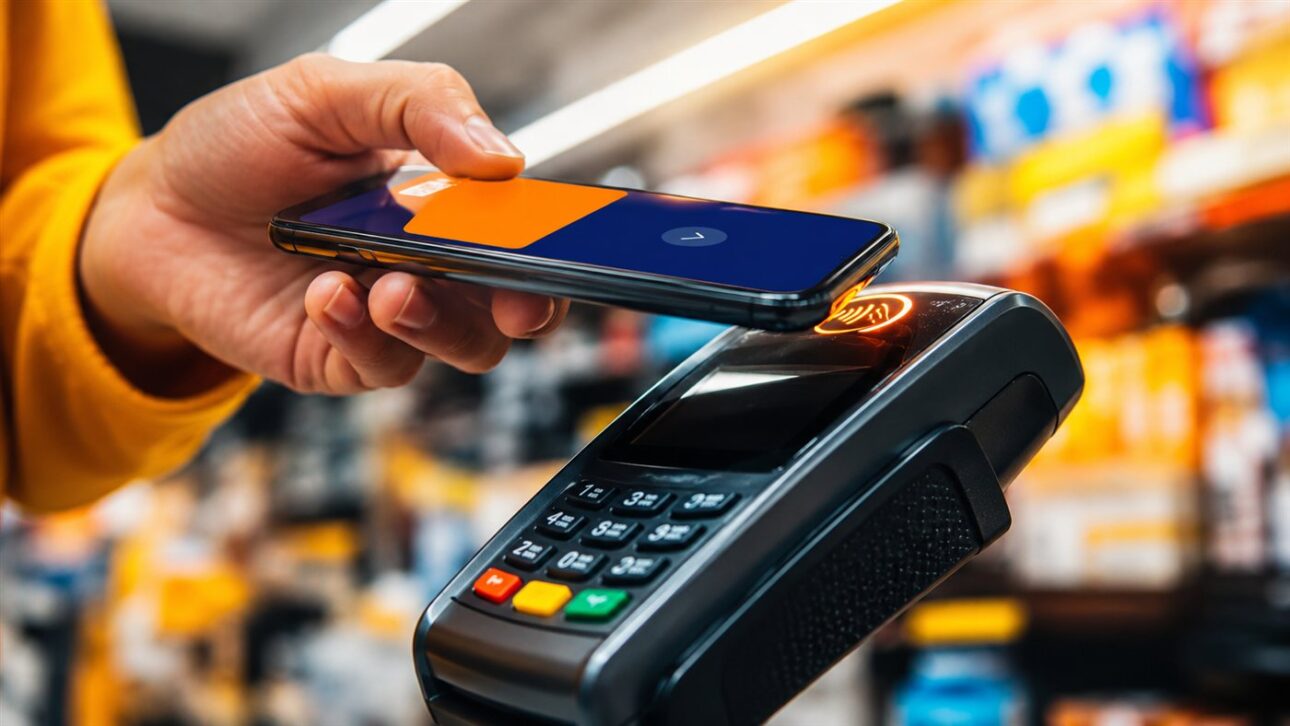 Cliente aproxima o celular da maquininha usando o pagamento por aproximação.