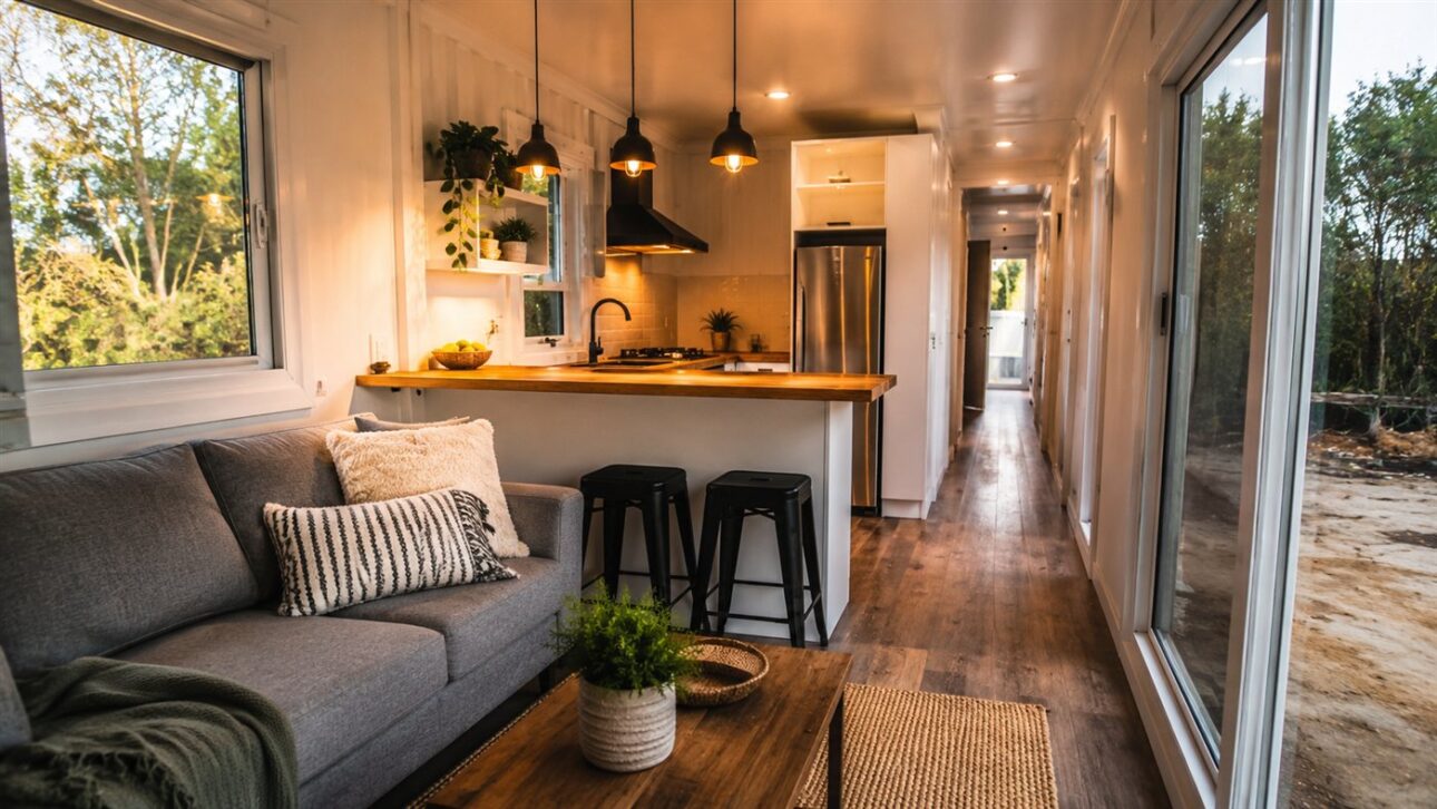 La sala y la cocina integradas ocupan el centro de la casa contenedor, con los dormitorios en los extremos.