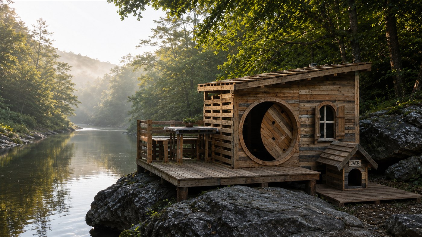 Homem acha pallets abandonados à beira de um rio e ergue uma casa de pallets inteira à mão, com porta redonda e casinha para o cachorro; veja