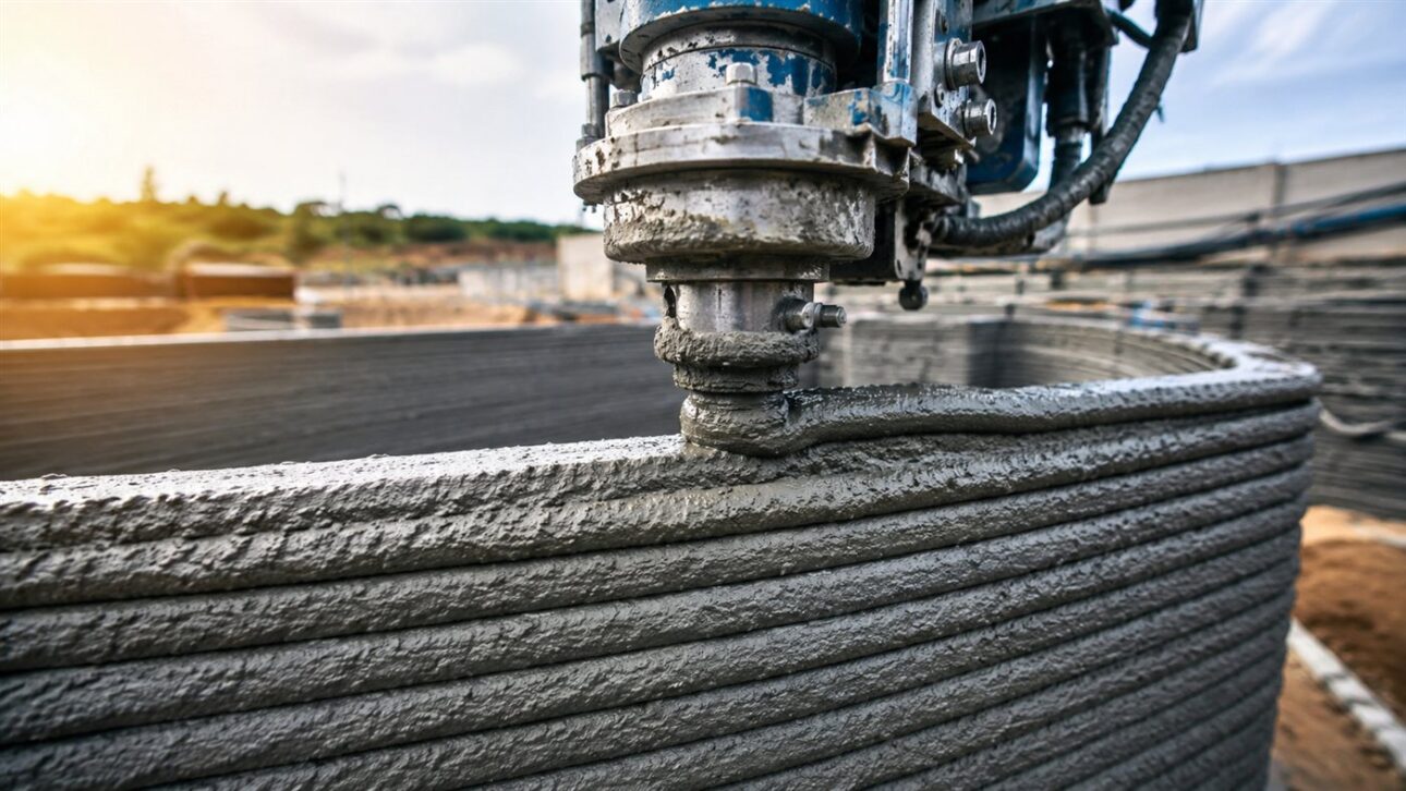 The printer's nozzle deposits the layers of concrete that form the walls of the house.