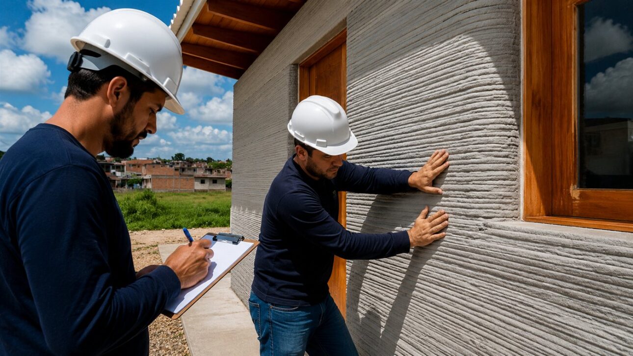 Technicians assess the resistance of the printed walls during on-site tests.