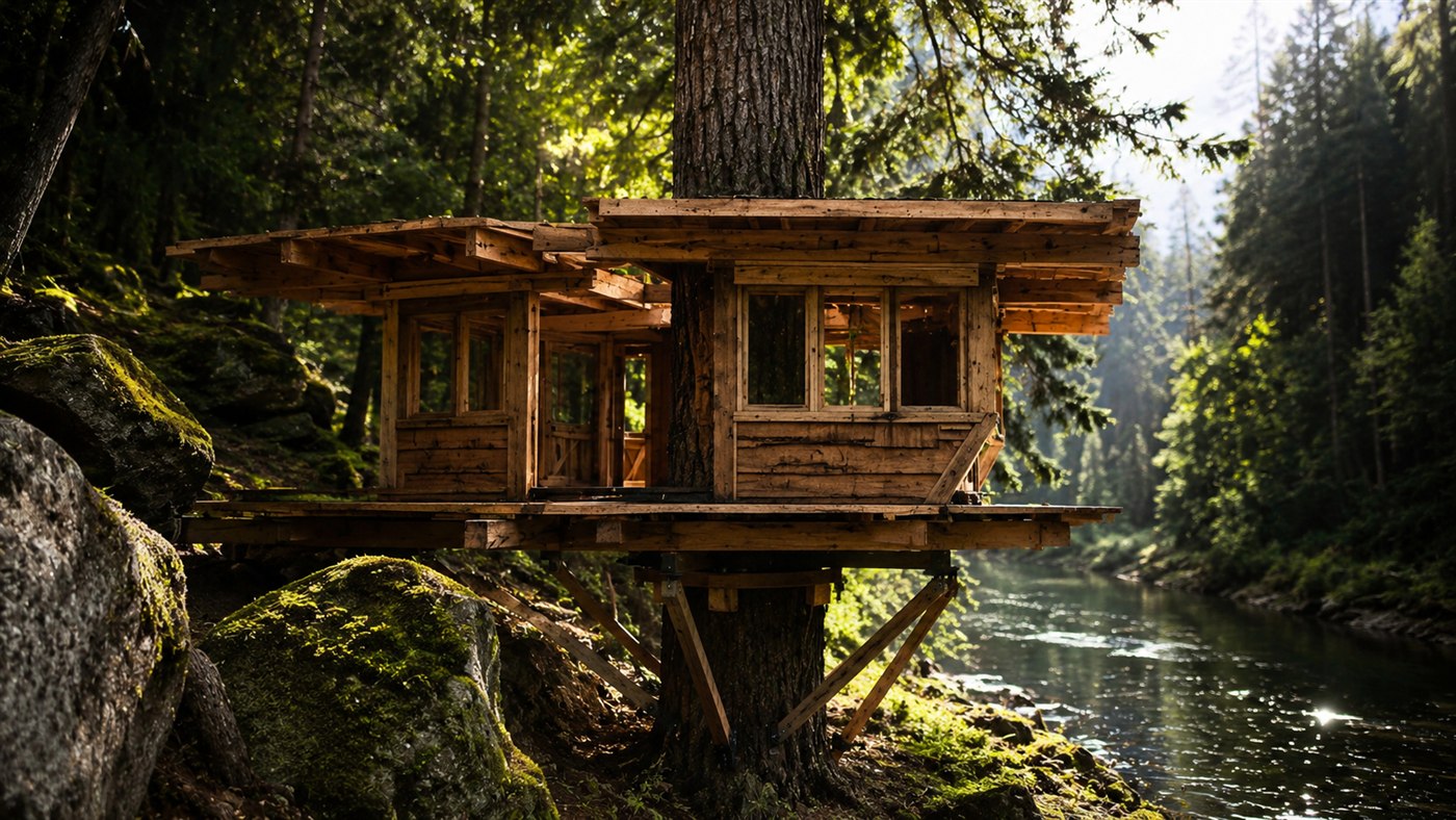 Homem constrói uma casa na árvore em 21 dias sem gastar nada, com madeira reaproveitada, e a cabana ainda gira sozinha em torno do próprio tronco; veja