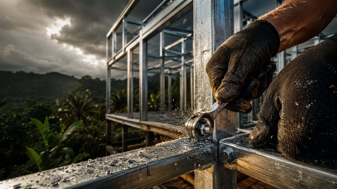 Worker in a helmet assembles light metal profiles on the elevated base, a stage that defines the speed of the work.
