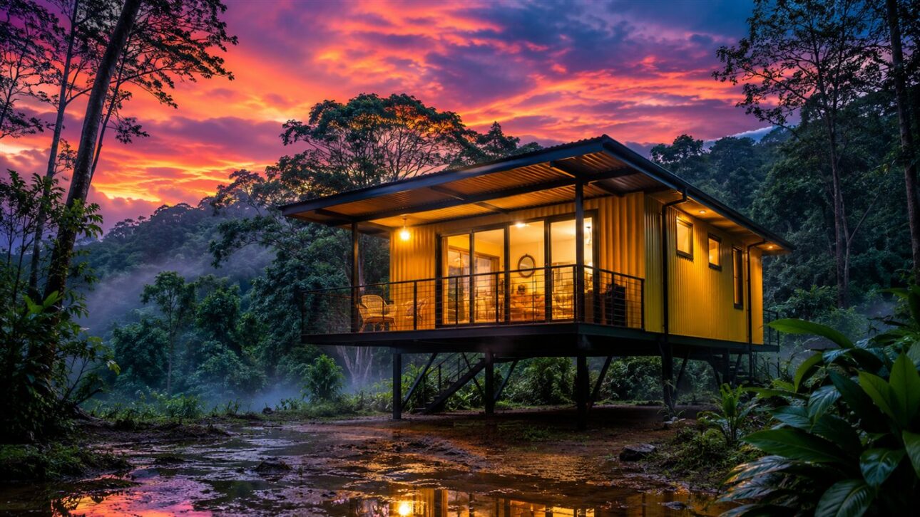 Compact house with metal cladding, balcony, and installed roofing, raised on supports above the terrain.